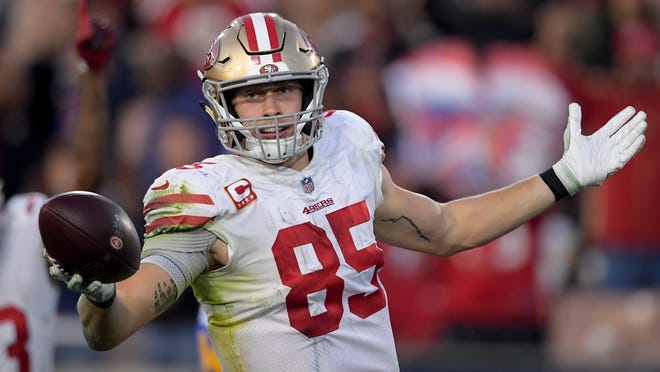 San Francisco 49ers tight end George Kittle celebrates after scoring during the second half in an NFL football game against the Los Angeles Rams Sunday, Dec. 30, 2018, in Los Angeles. (AP Photo/Mark J. Terrill)