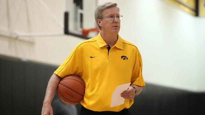 Coach Fran McCaffery watches practice on Thursday at Carver Hawkeye Arena in Iowa City during the University of Iowa men's basketball media day.