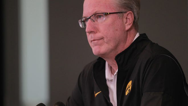 Iowa head coach Fran McCaffery answers questions during media day at Carver-Hawkeye Arena on Monday, Oct. 16, 2017.