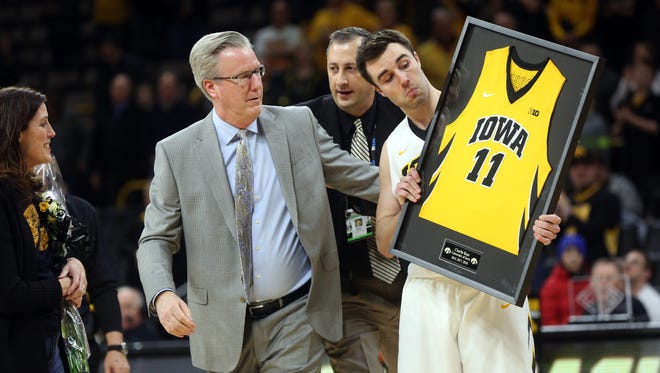 Iowa senior Charlie Rose is recognized before the Hawkeyes' game against Northwestern at Carver-Hawkeye Arena on Sunday, Feb. 25, 2018.