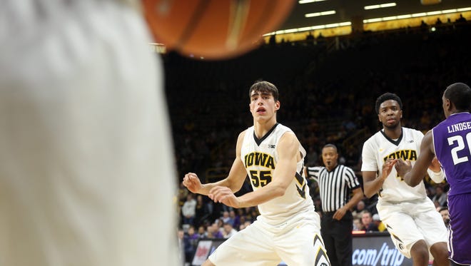 Iowa's Luka Garza waits for an inbound pass during the Hawkeyes' game against Northwestern at Carver-Hawkeye Arena on Sunday, Feb. 25, 2018.