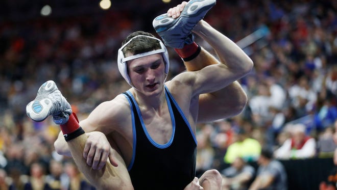 South Tama CountyÕs Isaac Judge wrestles in the class 2A, 152-pound title match Saturday, Feb. 18, 2017 in the state wrestling finals at Wells Fargo Arena in Des Moines.