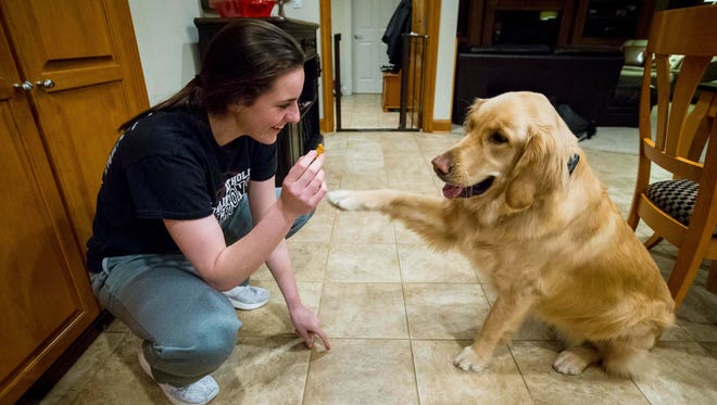 Caitlin Clark gives a treat to the family golden retriever Bella Tuesday, Feb. 13, 2018, at her West Des Moines home. Clark, a West Des Moines Dowling Catholic guard, is the nation's top-ranked sophomore, the subject of a recruiting battle between the country's top women's college programs and a member of the USA U16 national team.