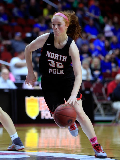 Maggie Phipps of North Polk drives to the basket during the 3A semifinal against Crestwood Thursday, March 1, 2018.