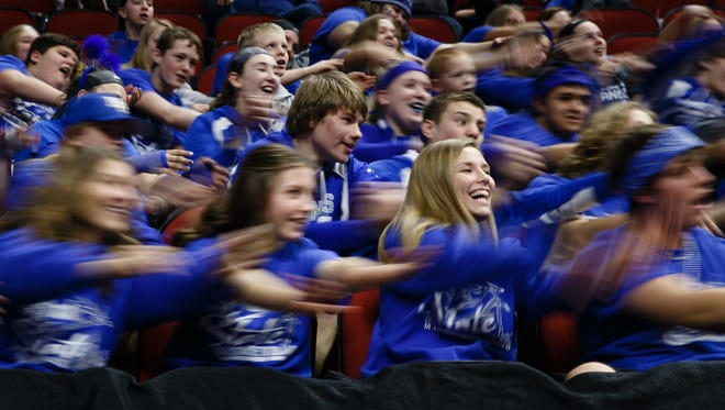 Newell-Fonda fans cheer during the second half of their 1A girls state basketball championship game at Wells Fargo Arena on Saturday, March 3, 2018, in Des Moines. Springville would go on to win 60-49.