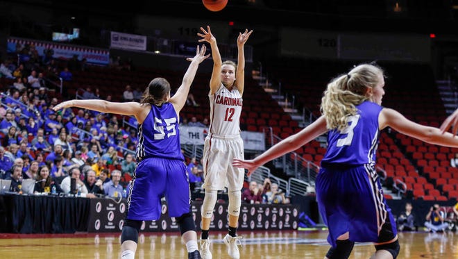 Central Decatur's Abbie Ridgway fires a three pointer against Montezuma during the 2018 Iowa Class 1A girls state basketball quarterfinal game on Tuesday, Feb. 28, 2018, at Wells Fargo Arena in Des Moines