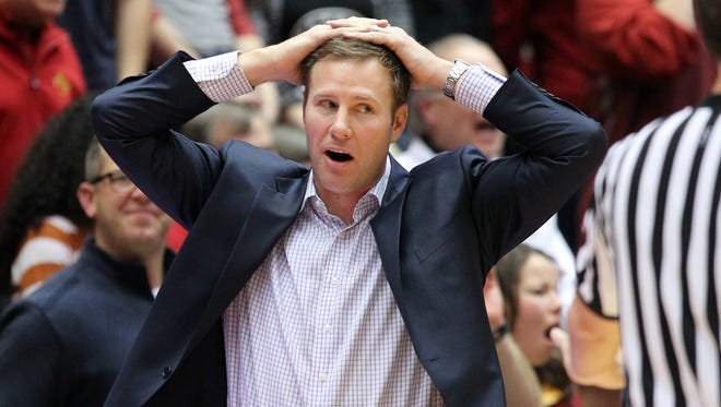 Coach Fred Hoiberg reacts to a call during a game against the Oklahoma Sooners on March 2, 2015 at Hilton Coliseum in Ames.
