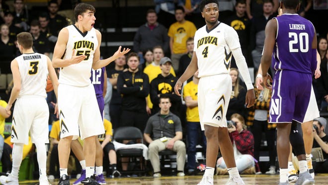 Iowa's Luka Garza reacts after getting called for a foul during the Hawkeyes' game against Northwestern at Carver-Hawkeye Arena on Sunday, Feb. 25, 2018.