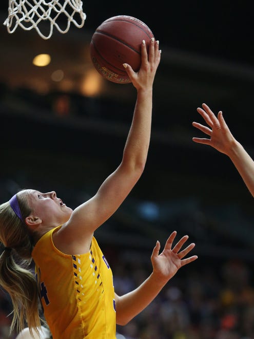 Johnston's Jennah Johnson shoots a lay-up during the Class 5A Girls' state basketball semifinal game between Johnston and Iowa City High on Thursday, March 1, 2018, in Wells Fargo Arena. City High won the game, 58-52, to advance to the state final.