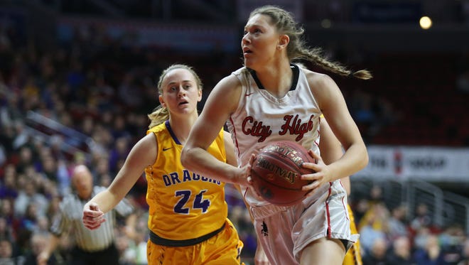 City High's Ashley Joens goes up for a lay-up during the Class 5A Girls' state basketball semifinal game between Johnston and Iowa City High on Thursday, March 1, 2018, in Wells Fargo Arena.