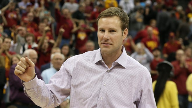 Iowa State head coach Fred Hoiberg celebrates during the Big 12 Championship title game between Iowa State and Kansas on March 14, 2015, in Kansas City, Mo.