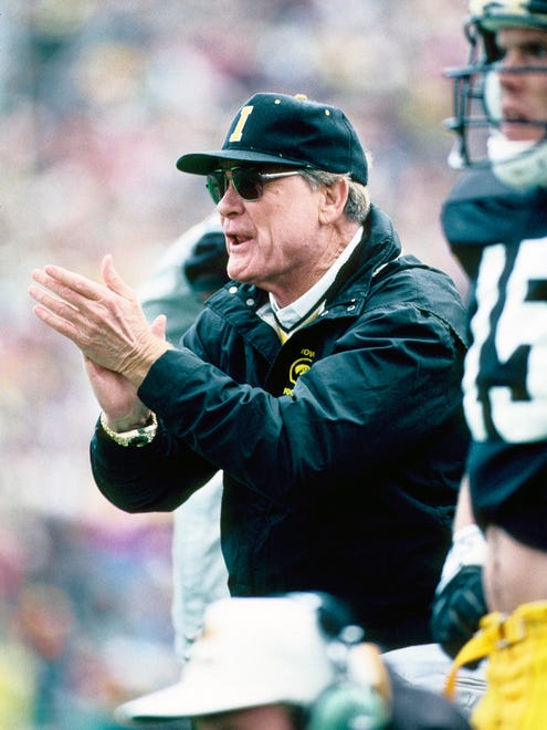 Iowa Hawkeyes head coach Hayden Fry on the sideline Oct. 5, 1998 against the Michigan Wolverines at Kinnick Stadium.