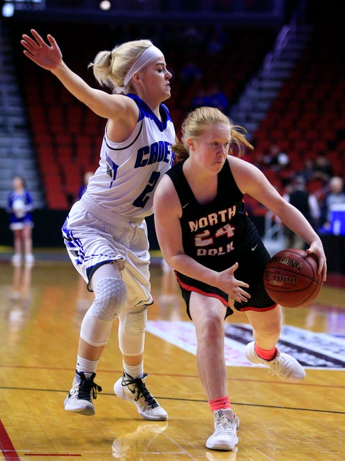 Hannah Foster of North Polk drives to the basket during the 3A semifinal against Crestwood Thursday, March 1, 2018.