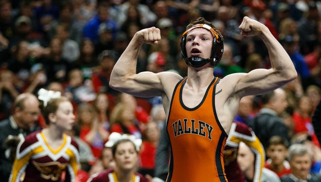 Valley's Nick Oldham celebrates after defeating Caleb Rathjen of Ankeny during their class 3A 113 pound championship match at Wells Fargo Arena on Saturday, Feb. 17, 2018, in Des Moines.