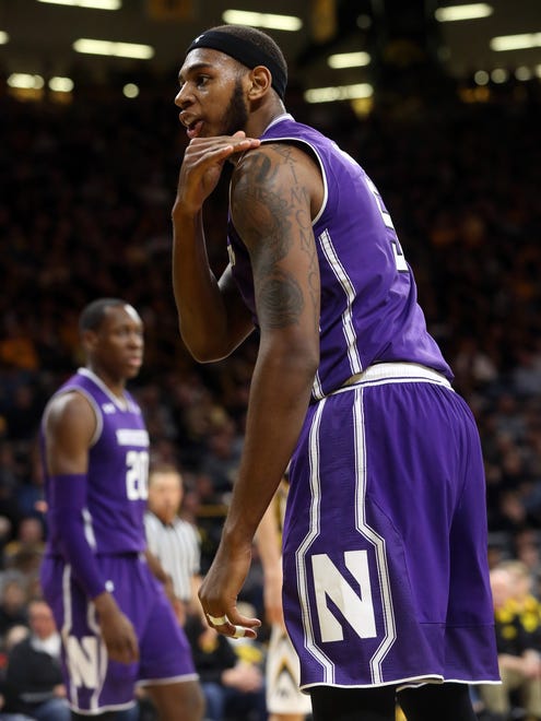 Northwestern's Derek Pardon contests a call during the Wildcats' game against Iowa at Carver-Hawkeye Arena on Sunday, Feb. 25, 2018.