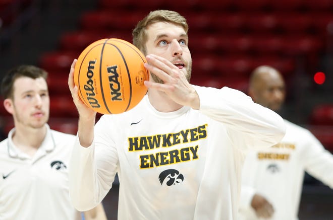 SALT LAKE CITY, UT - MARCH 24: Ben Frikke #23 of the Iowa Hawkeyes warms up before a game against the Utah Utes in the second round of the men's basketball National Invitation Tournament (NIT) at the Jon M Huntsman Center on March 24, 2024 in Salt Lake City Utah. (Photo by Chris Gardner/Getty Images)