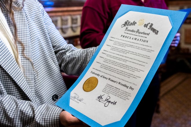 A copy of the proclamation declaring April 3 as University of Iowa Women's Wrestling Day in the state of Iowa on Wednesday, April 3, 2024, in Des Moines.