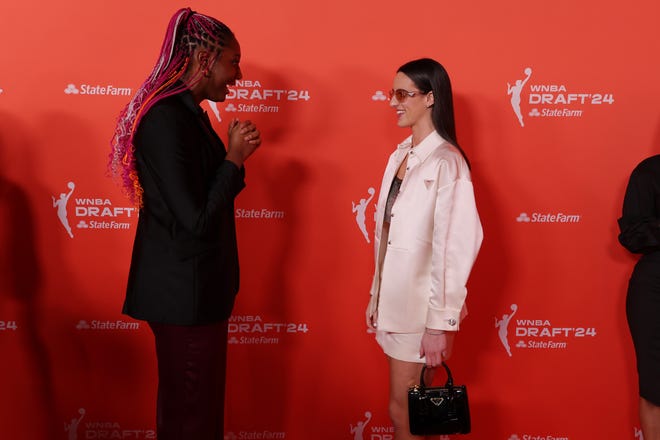 Apr 15, 2024; Brooklyn, NY, USA; Aliyah Boston with Caitlin Clark before the 2024 WNBA Draft at Brooklyn Academy of Music. Mandatory Credit: Brad Penner-USA TODAY Sports