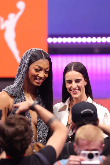 Apr 15, 2024; Brooklyn, NY, USA; Angel Reese and Caitlin Clark pose for photos before the 2024 WNBA Draft at Brooklyn Academy of Music. Mandatory Credit: Brad Penner-USA TODAY Sports