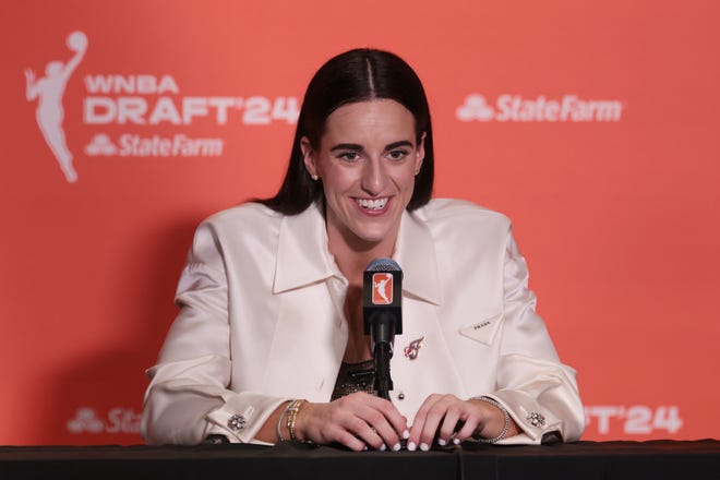 Apr 15, 2024; Brooklyn, NY, USA; Caitlin Clark speaks in a press conference after she is selected with the number one overall pick to the Indiana Fever n the 2024 WNBA Draft at Brooklyn Academy of Music. Mandatory Credit: Vincent Carchietta-USA TODAY Sports