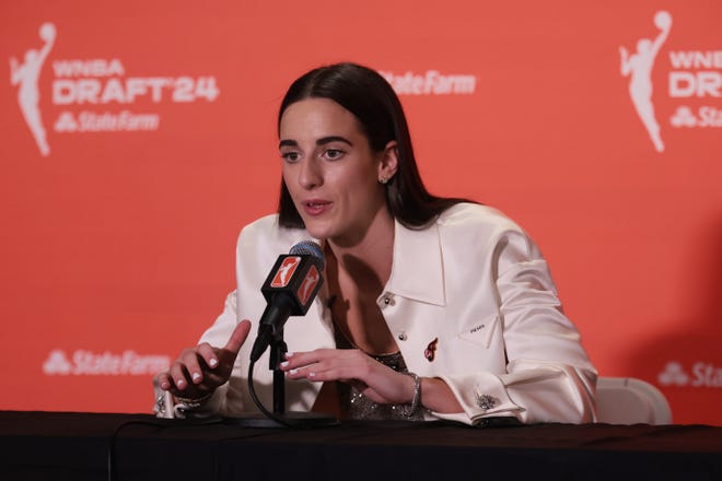 Apr 15, 2024; Brooklyn, NY, USA; Caitlin Clark speaks in a press conference after she is selected with the number one overall pick to the Indiana Fever n the 2024 WNBA Draft at Brooklyn Academy of Music. Mandatory Credit: Vincent Carchietta-USA TODAY Sports