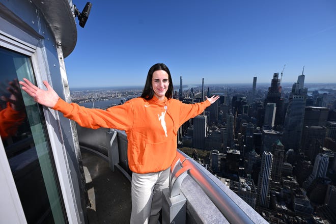 NEW YORK, NEW YORK - APRIL 15: Caitlin Clark at The Empire State Building on April 15, 2024 in New York City. (Photo by Roy Rochlin/Getty Images for Empire State Realty Trust)