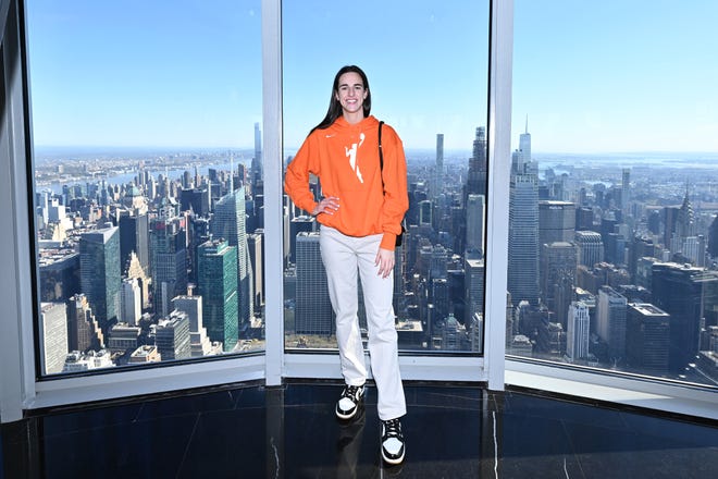 NEW YORK, NEW YORK - APRIL 15: Caitlin Clark at The Empire State Building on April 15, 2024 in New York City. (Photo by Roy Rochlin/Getty Images for Empire State Realty Trust)