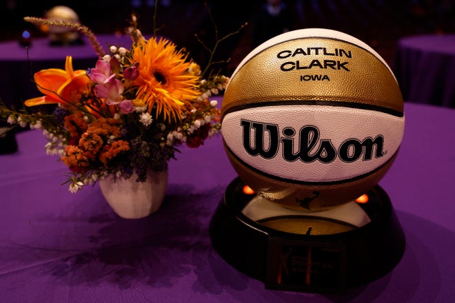 NEW YORK, NEW YORK - APRIL 15: A detailed view of a basketball is seen with the name of Caitlin Clark engraved prior to the 2024 WNBA Draft at Brooklyn Academy of Music on April 15, 2024 in New York City. (Photo by Sarah Stier/Getty Images)