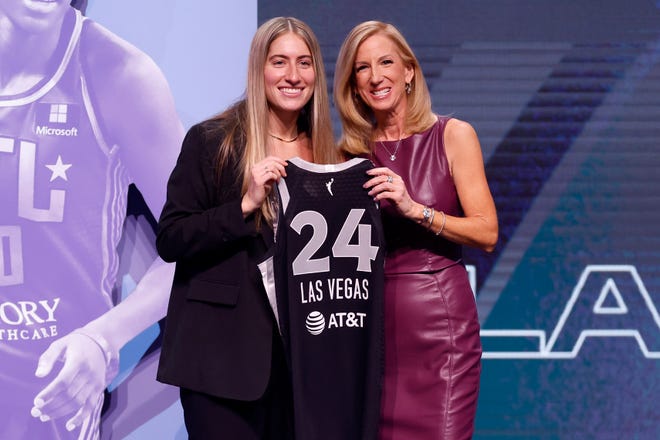 NEW YORK, NEW YORK - APRIL 15: Kate Martin poses with WNBA Commissioner Cathy Engelbert after being selected 18th overall pick by the Las Vegas Aces during the 2024 WNBA Draft at Brooklyn Academy of Music on April 15, 2024 in New York City. (Photo by Sarah Stier/Getty Images)
