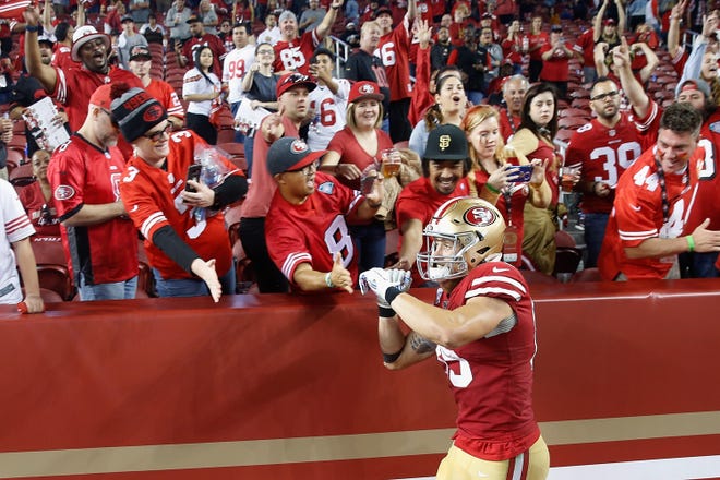 SANTA CLARA, CALIFORNIA - OCTOBER 07: George Kittle #85 of the San Francisco 49ers celebrates with fans after a win against the Cleveland Browns at Levi's Stadium on October 07, 2019 in Santa Clara, California. (Photo by Lachlan Cunningham/Getty Images)