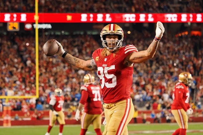 Jan 28, 2024; Santa Clara, California, USA; San Francisco 49ers tight end George Kittle (85) reacts after a play against the Detroit Lions during the second half of the NFC Championship football game at Levi's Stadium. Mandatory Credit: Kelley L Cox-USA TODAY Sports