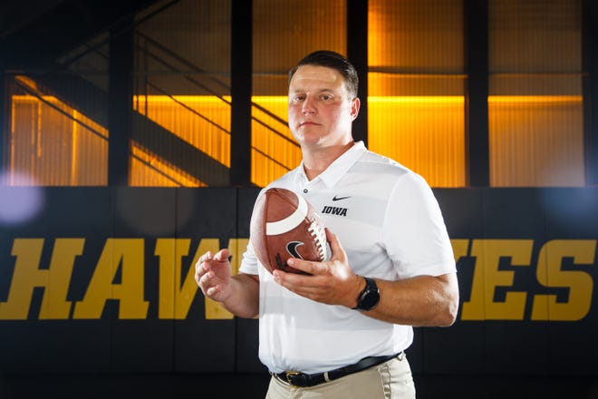 Iowa's Brian Ferentz poses for a photo during the Iowa Football media day on Friday, Aug. 10, 2018 in Iowa City.