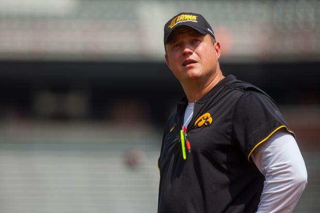 Iowa offensive coordinator Brian Ferentz is seen during a Kids Day practice on Saturday, Aug. 11, 2018, at Kinnick Stadium in Iowa City.