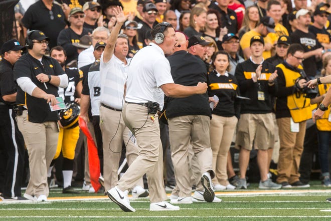 Iowa offensive coordinator Brian Ferentz gestures during the Cy-Hawk NCAA football game on Saturday, Sept. 8, 2018, at Kinnick Stadium in Iowa City.