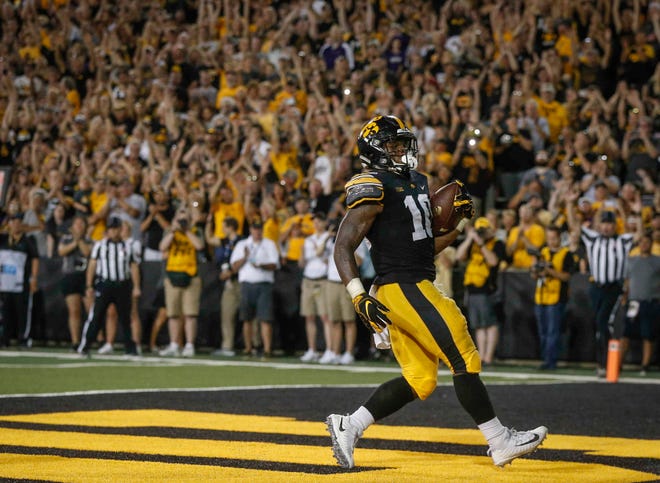 Iowa running back Mekhi Sargent runs the ball into the end zone for a touchdown against Northern Iowa on Saturday, Sept. 15, 2018, at Kinnick Stadium in Iowa City.
