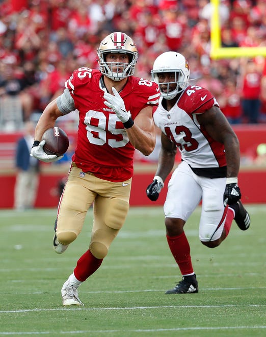 San Francisco 49ers tight end George Kittle (85) runs in front of Arizona Cardinals linebacker Haason Reddick (43) during the second half of an NFL football game in Santa Clara, Calif., Sunday, Oct. 7, 2018.
