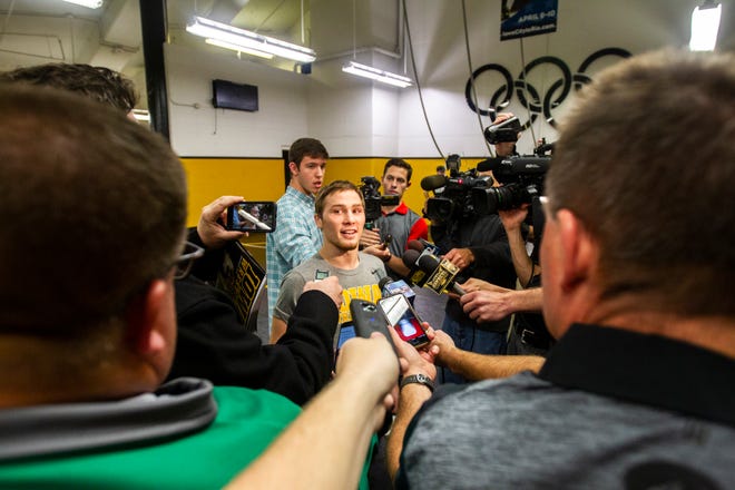 Iowa's Spencer Lee talks with reporters during Hawkeye wrestling media day on Monday, Nov. 5, 2018, inside the Dan Gable Wrestling Complex at Carver-Hawkeye Arena in Iowa City.