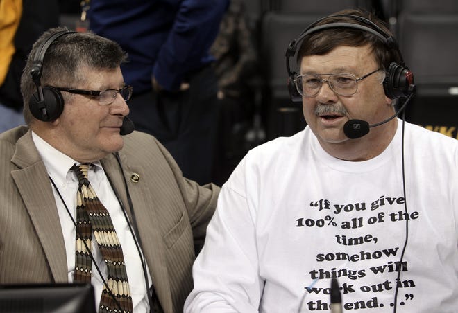 From 2013: Mike Street, right, talked with radio announcer Gary Dolphin, left, just before the Chris Street 20th anniversary game at Carver-Hawkeye Arena, Iowa vs. Wisconsin, on Saturday night Jan. 19th, 2013. Chris was a Iowa star basketball player who died Jan. 19, 1993.