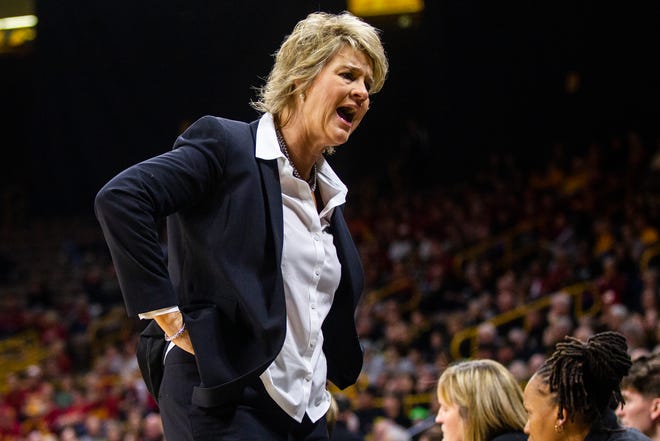 Iowa head coach Lisa Bluder calls out to players during a Cy-Hawk series NCAA women's basketball game on Wednesday, Dec. 5, 2018, at Carver-Hawkeye Arena in Iowa City.