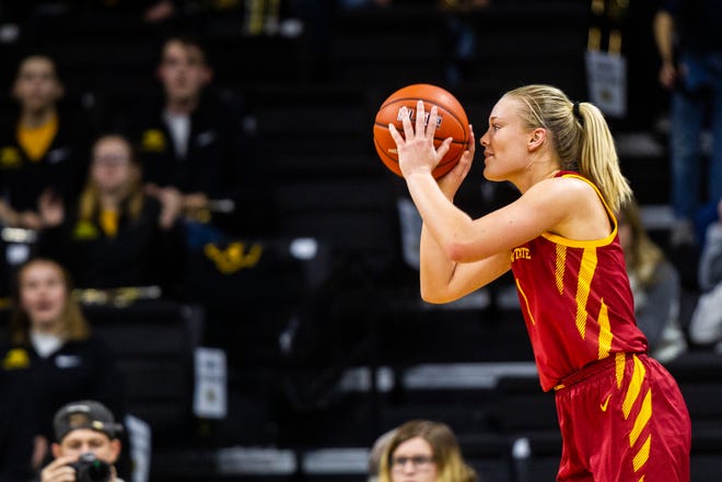 Iowa State forward Madison Wise (1) shoots a 3-point basket during a Cy-Hawk series NCAA women's basketball game on Wednesday, Dec. 5, 2018, at Carver-Hawkeye Arena in Iowa City.