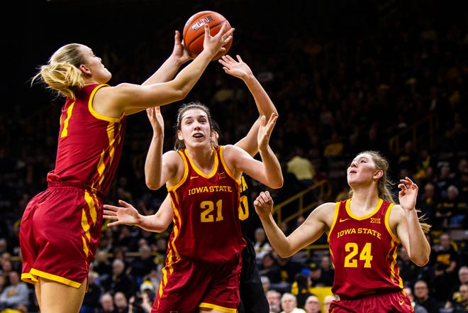 Iowa State forward Madison Wise (1) grabs a defensive rebound during a Cy-Hawk series NCAA women's basketball game on Wednesday, Dec. 5, 2018, at Carver-Hawkeye Arena in Iowa City.