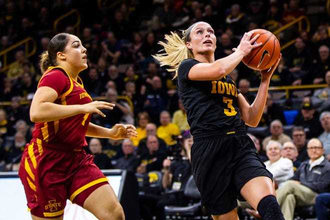 Iowa guard Makenzie Meyer (3) attempts a layup during a Cy-Hawk series NCAA women's basketball game on Wednesday, Dec. 5, 2018, at Carver-Hawkeye Arena in Iowa City.