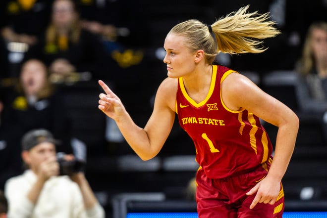 Iowa State forward Madison Wise (1) celebrates after making a 3-point basket during a Cy-Hawk series NCAA women's basketball game on Wednesday, Dec. 5, 2018, at Carver-Hawkeye Arena in Iowa City.