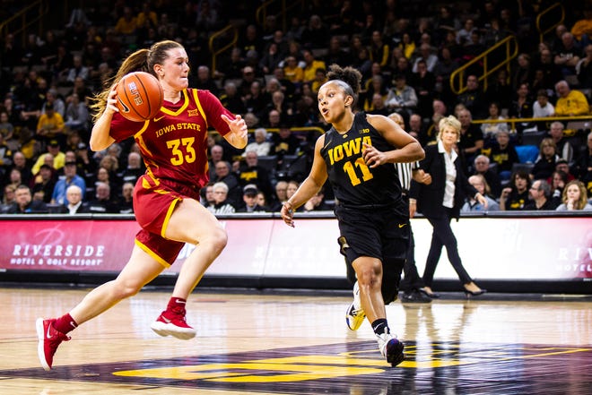 Iowa State guard Alexa Middleton (33) drives to the basket past Iowa guard Tania Davis (11) during a Cy-Hawk series NCAA women's basketball game on Wednesday, Dec. 5, 2018, at Carver-Hawkeye Arena in Iowa City.