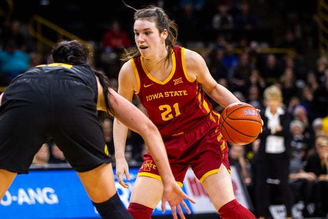 Iowa State guard Bridget Carleton (21) looks to the basket during a Cy-Hawk series NCAA women's basketball game on Wednesday, Dec. 5, 2018, at Carver-Hawkeye Arena in Iowa City.