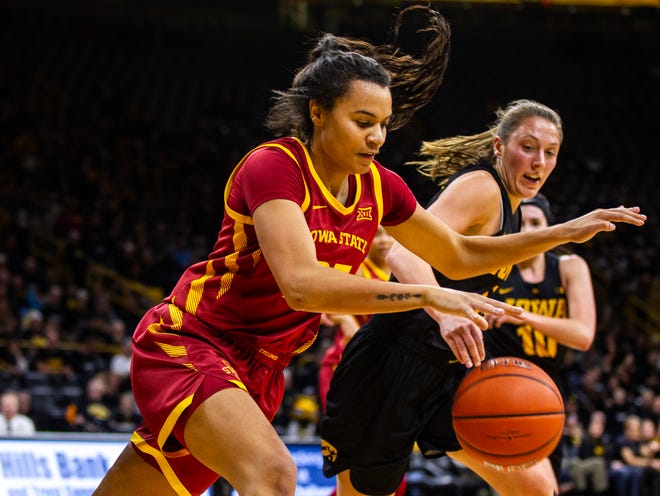 Iowa State center Kristin Scott (25) gets a steal during a Cy-Hawk series NCAA women's basketball game on Wednesday, Dec. 5, 2018, at Carver-Hawkeye Arena in Iowa City.
