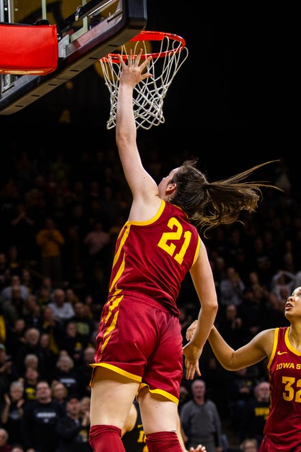 Iowa State guard Bridget Carleton (21) makes a basket during a Cy-Hawk series NCAA women's basketball game on Wednesday, Dec. 5, 2018, at Carver-Hawkeye Arena in Iowa City.