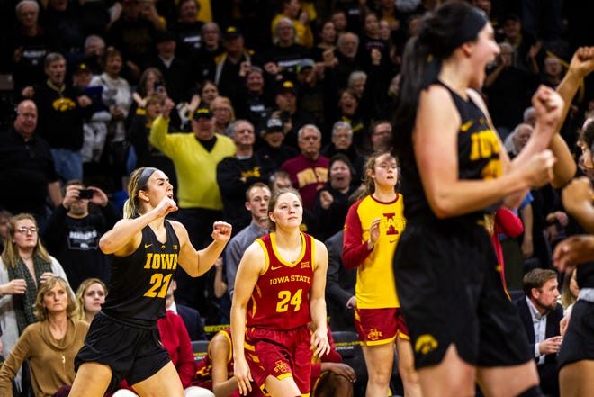 Iowa State guard Ashley Joens (24) reacts after her 3-point basket at the buzzer misses during a Cy-Hawk series NCAA women's basketball game on Wednesday, Dec. 5, 2018, at Carver-Hawkeye Arena in Iowa City.