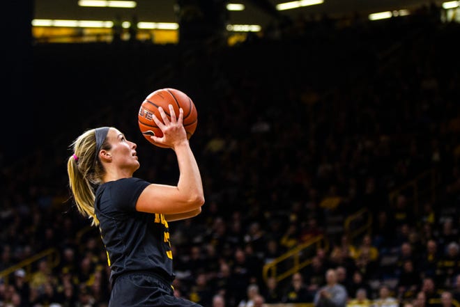 Iowa guard Makenzie Meyer (3) attempts a basket during a Cy-Hawk series NCAA women's basketball game on Wednesday, Dec. 5, 2018, at Carver-Hawkeye Arena in Iowa City.