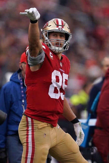 SANTA CLARA, CA - DECEMBER 09: George Kittle #85 of the San Francisco 49ers reacts after a play against the Denver Broncos during their NFL game at Levi's Stadium on December 9, 2018 in Santa Clara, California. (Photo by Robert Reiners/Getty Images)